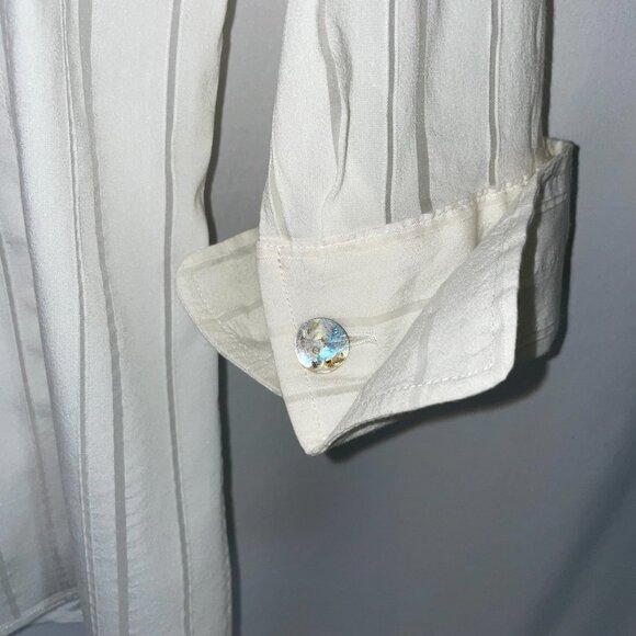 Farinaz Taghavi Ruched Blouse Size 12 White Sheer Stripes Abalone Button Down - Picture 5 of 9